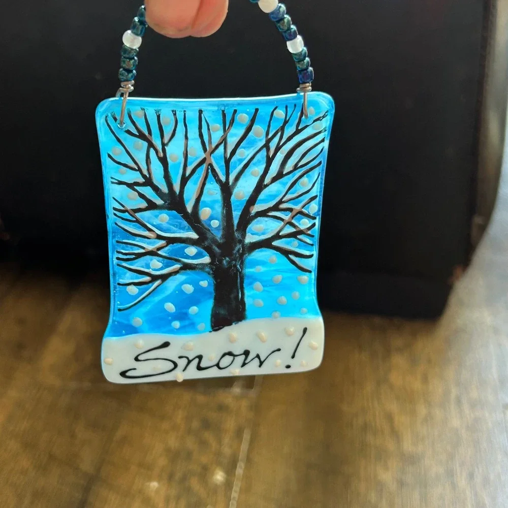 Handmade Fused Glass Winter Snowman and Tree Ornaments Suncatchers Set of 2 Blue